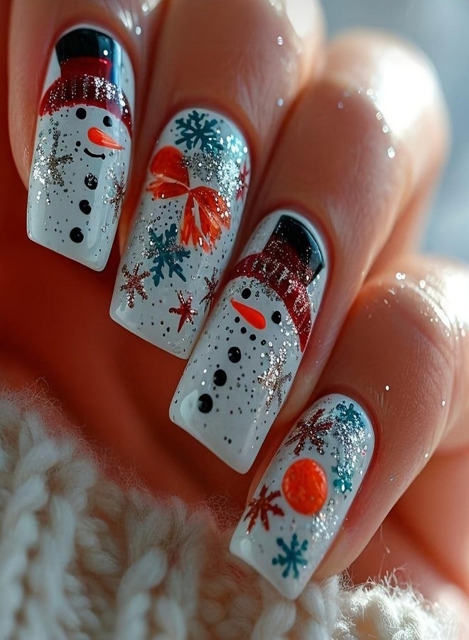 OCOUYVD Christmas Press on Nails Short Square Fake Nails with Snowflake Designs Full Cover Winter Xmas Snowman Acrylic Stick on Nails Silver Glitter False Nails for Women Holidy Manicure Art 24 Pcs - Image 1
